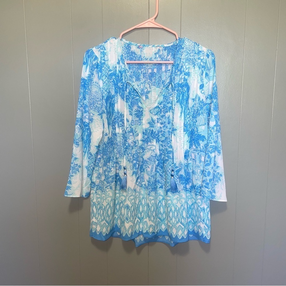 Lilly Pulitzer Blue and White Marlina Tunic Top in Toile Me About It Small